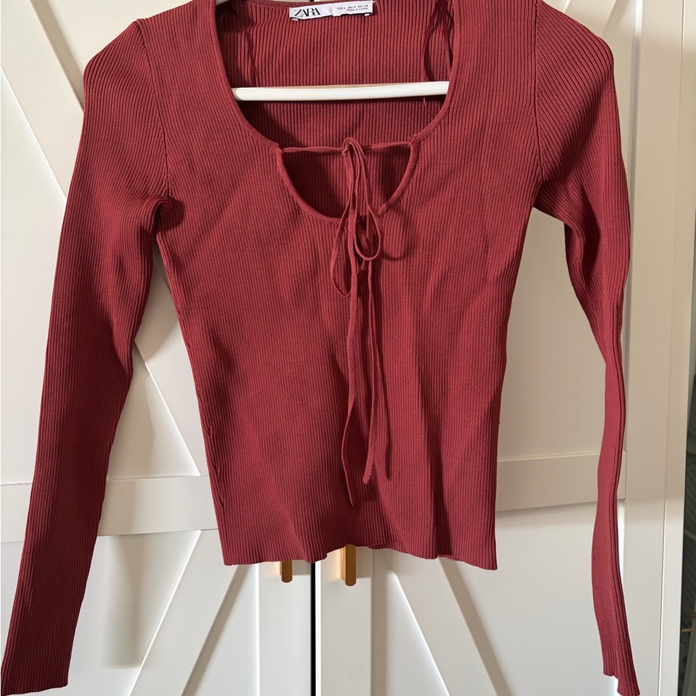 Zara Ribbed Long Sleeve Top in Deep Red